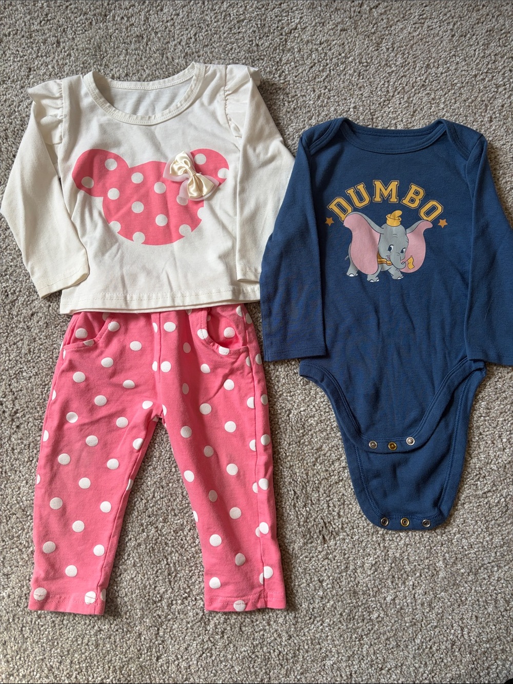 Girls Two-Piece Minnie-Inspired Top & Polka Dot Pants Set + Dumbo Navy Onesie